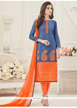 Print Chanderi Churidar Suit In Blue And Orange