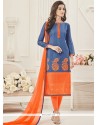 Print Chanderi Churidar Suit In Blue And Orange