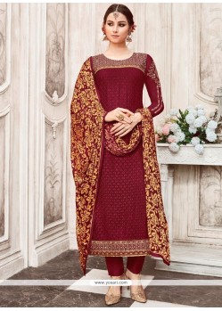 Faux Georgette Magenta Embroidered Work Churidar Designer Suit