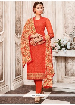 Embroidered Faux Georgette Churidar Designer Suit In Red