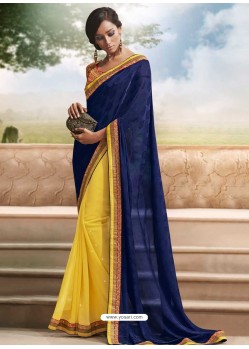 Navy Blue And Yellow Georgette,Brasso Saree