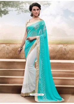 White And Sky Blue Georgette,Satin Saree
