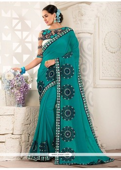 Teal Patch Border Work Faux Georgette Classic Designer Saree