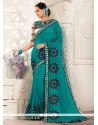 Teal Patch Border Work Faux Georgette Classic Designer Saree