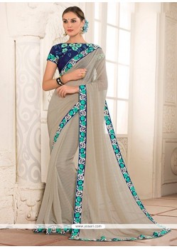 Grey Patch Border Work Faux Georgette Designer Saree