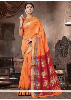 Weaving Work Orange Handloom Cotton Traditional Saree