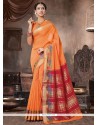 Weaving Work Orange Handloom Cotton Traditional Saree