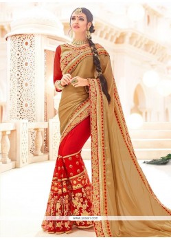 Beige And Red Half N Half Saree