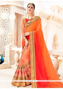 Faux Chiffon Orange And Peach Designer Half N Half Saree