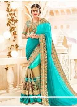 Aqua Blue Patch Border Work Art Silk Shaded Saree