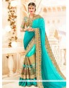 Aqua Blue Patch Border Work Art Silk Shaded Saree