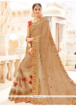 Faux Chiffon Beige Embroidered Work Classic Designer Saree