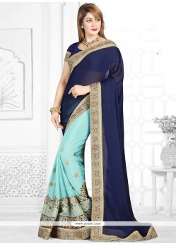 Fancy Fabric Blue And Navy Blue Half N Half Designer Saree