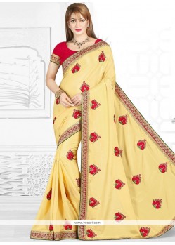 Yellow Patch Border Work Art Silk Designer Traditional Saree