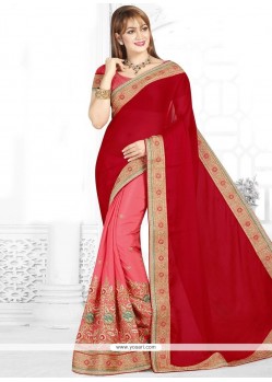 Faux Chiffon Pink And Red Patch Border Work Half N Half Saree