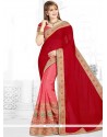 Faux Chiffon Pink And Red Patch Border Work Half N Half Saree