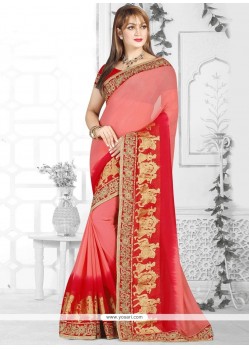 Peach And Red Patch Border Work Classic Designer Saree