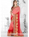 Peach And Red Patch Border Work Classic Designer Saree