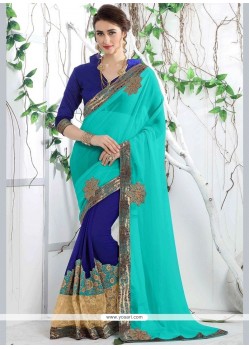 Faux Georgette Blue And Turquoise Patch Border Work Designer Half N Half Saree