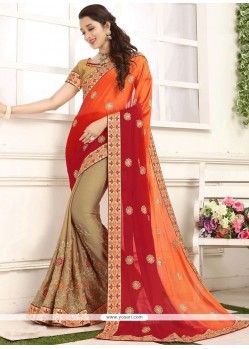 Beige, Orange And Red Designer Half N Half Saree