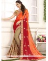 Beige, Orange And Red Designer Half N Half Saree