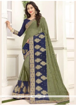 Embroidered Work Green And Navy Blue Designer Saree