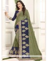 Embroidered Work Green And Navy Blue Designer Saree