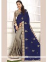 Crepe Silk Grey And Navy Blue Embroidered Work Designer Half N Half Saree