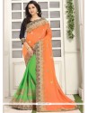 Crepe Silk Green And Orange Designer Half N Half Saree