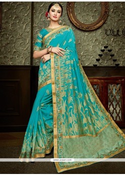 Blue Embroidered Work Art Silk Traditional Designer Saree