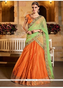 Orange Patch Border Work Art Silk Lehenga Choli