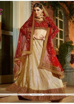 Embroidered Work Beige And Red Lehenga Choli