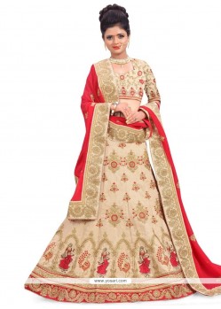 Art Silk Cream And Red Patch Border Work Lehenga Choli