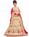 Art Silk Cream And Red Patch Border Work Lehenga Choli