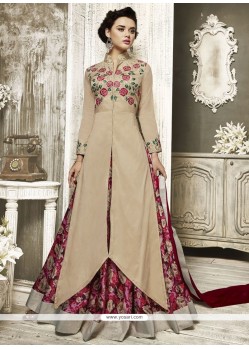 Tafeta Silk Beige And Crimson Long Choli Lehenga