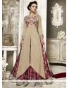 Tafeta Silk Beige And Crimson Long Choli Lehenga