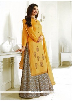 Prachi Desai Yellow Print Work Long Choli Lehenga