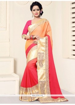 Faux Georgette Orange And Rose Pink Shaded Saree