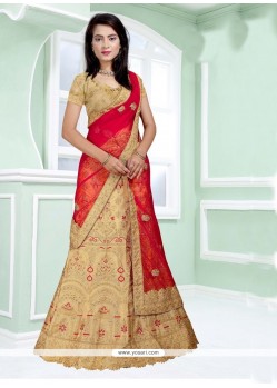 Lace Work Beige And Red Lehenga Choli