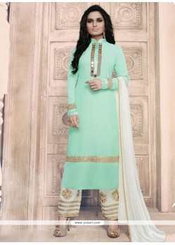 Turquoise Mirror Work Faux Georgette Pant Style Suit