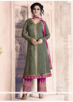 Grey And Pink Faux Georgette Pant Style Suit