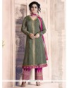 Grey And Pink Faux Georgette Pant Style Suit