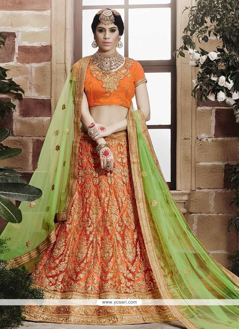 Orange Green Color Devsena Silk Lehenga Choli at Rs 29900.00 | सिल्क लहंगा  - Pink Fabb, Delhi | ID: 2849602246955