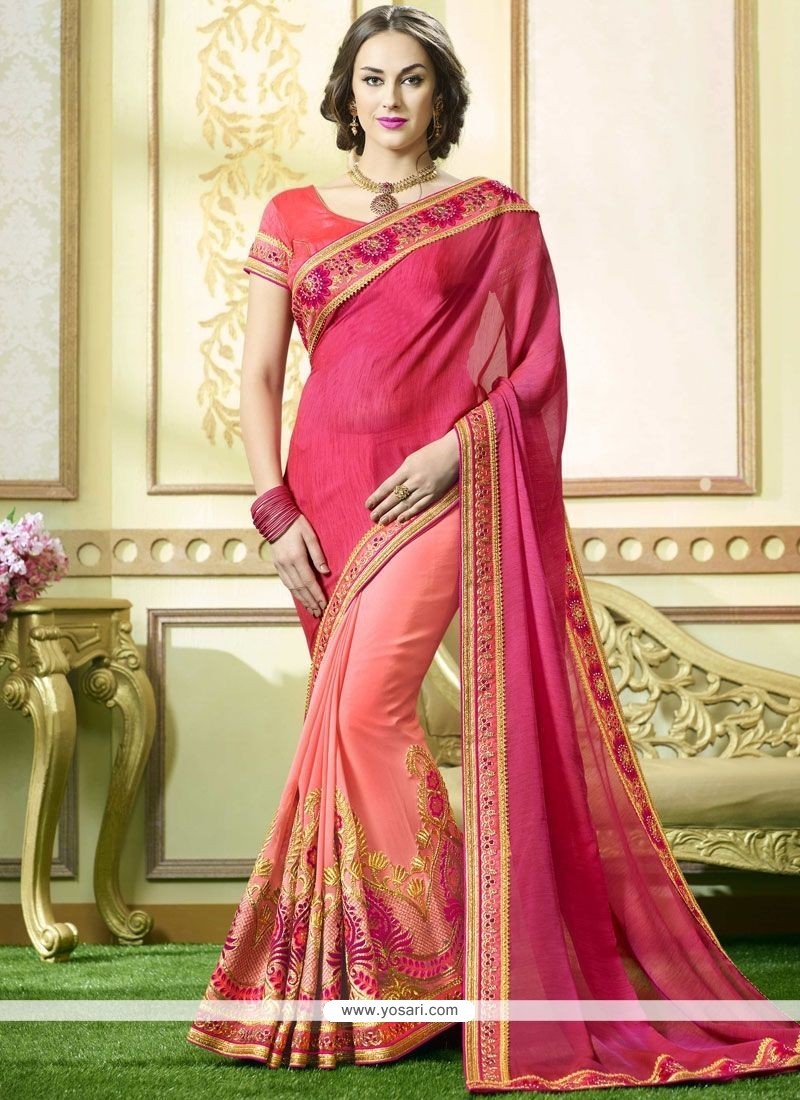 Buy Coral Pink Bel Buti Patterned Stone Work Saree Online in the USA @Mohey  - Saree for Women