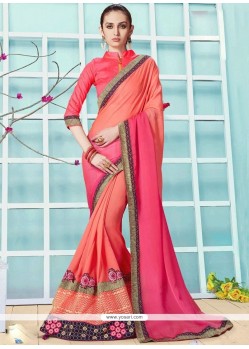 Lace Work Peach And Rose Pink Shaded Saree