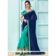 Faux Georgette Navy Blue And Turquoise Lace Work Designer Half N Half Saree