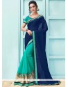 Faux Georgette Navy Blue And Turquoise Lace Work Designer Half N Half Saree