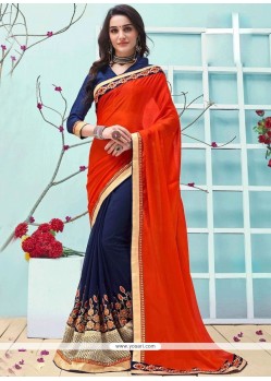 Faux Georgette Navy Blue And Red Half N Half Designer Saree