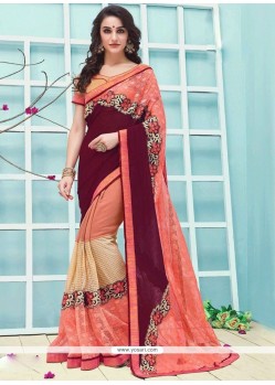 Lace Work Brown And Peach Designer Half N Half Saree