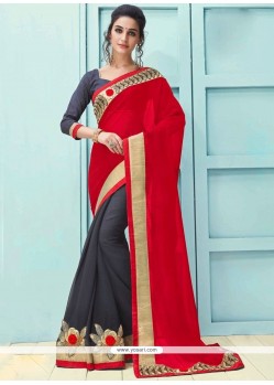 Patch Border Work Grey And Red Faux Georgette Half N Half Saree